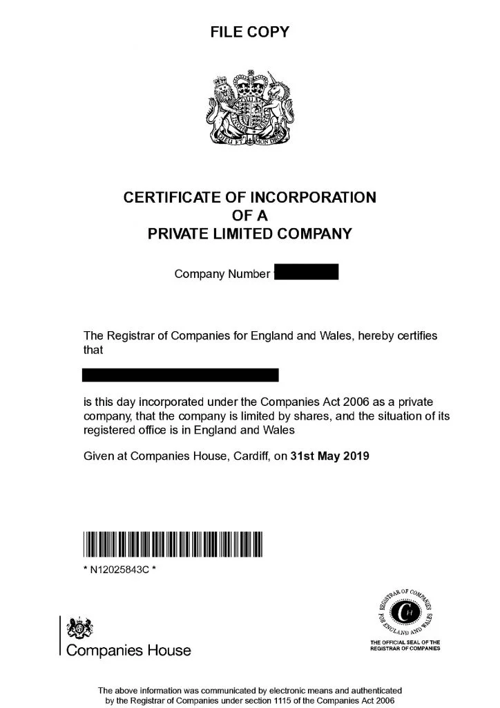 Certificate of registration in the UK