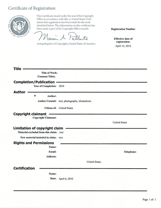 Certificate of registration in the USA